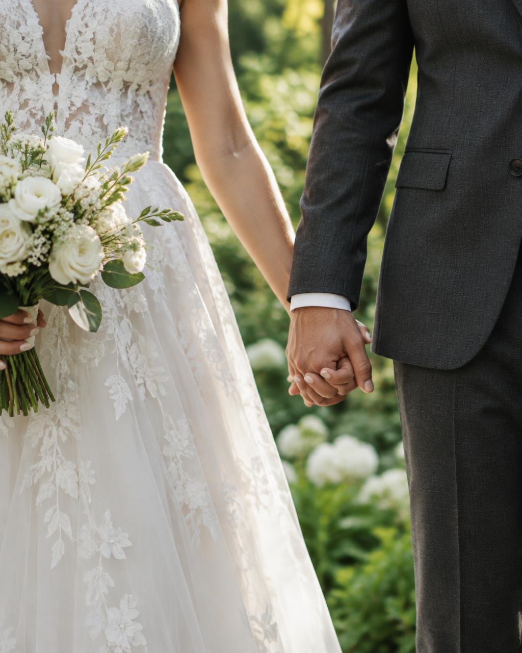 A wedding couple holding hands with a white bridal bouquet