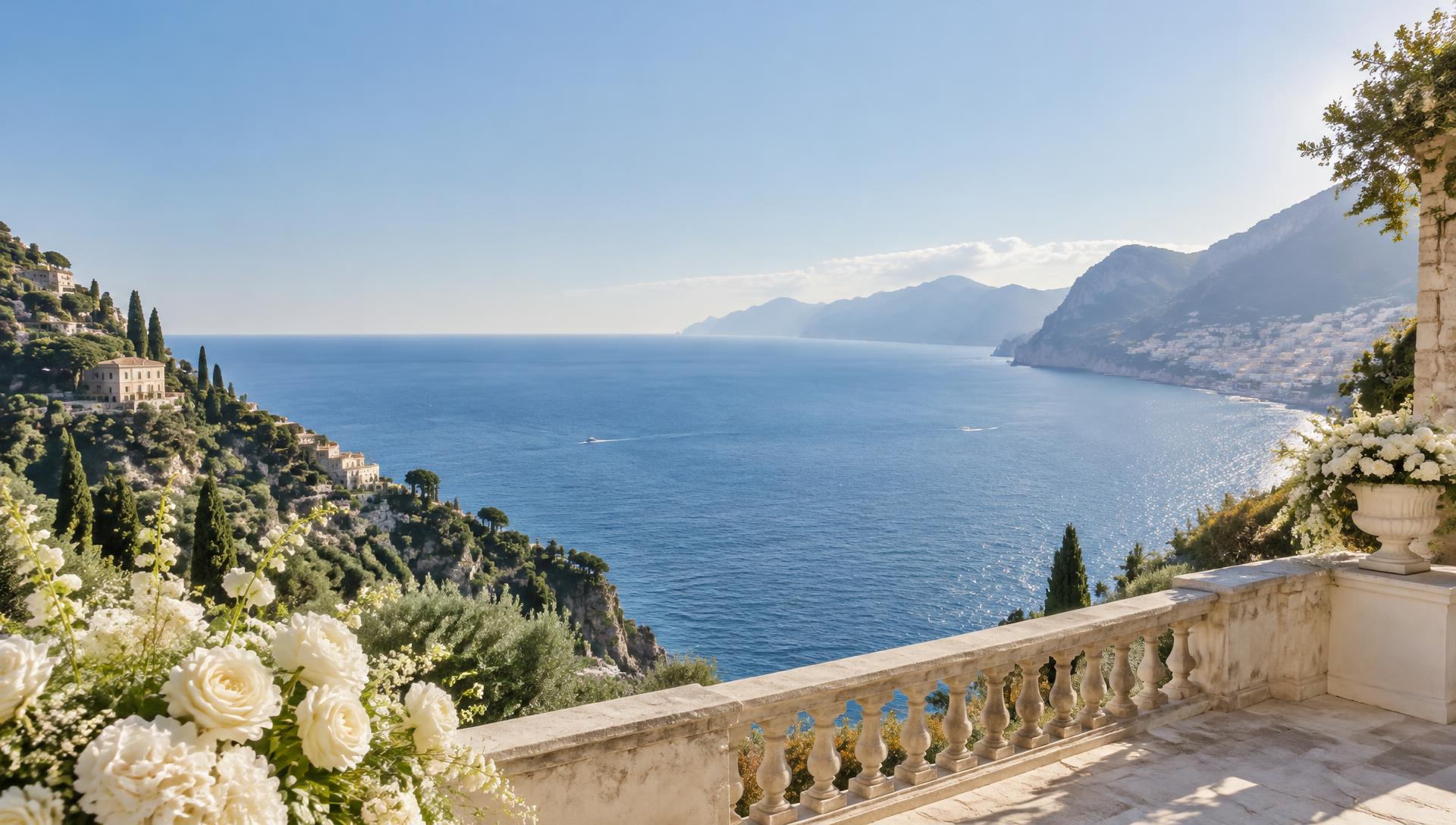A wedding terrace with white flowers overlooking the Amalfi Coast